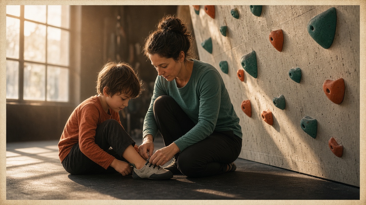 A parent kneeling on a gym floor helps a child lace climbing shoes, with a bouldering wall and late-afternoon light behind them.